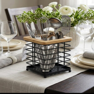 Metal Cutlery Holder with Bamboo Rim